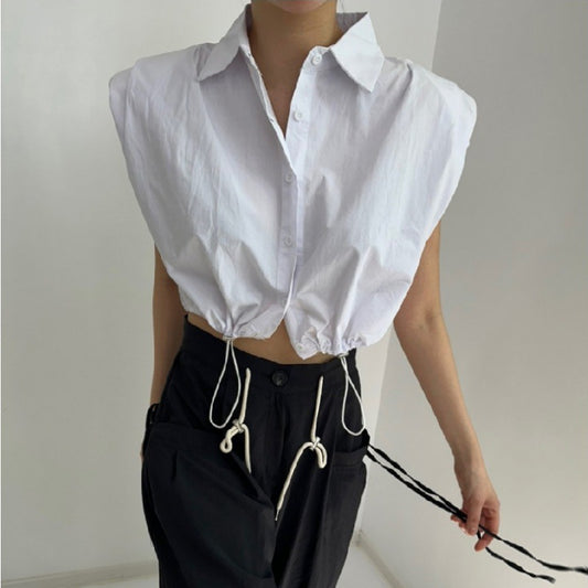 Sleeveless shoulder padded shirt with drawstring high waist short and stylish versatile shirt for women