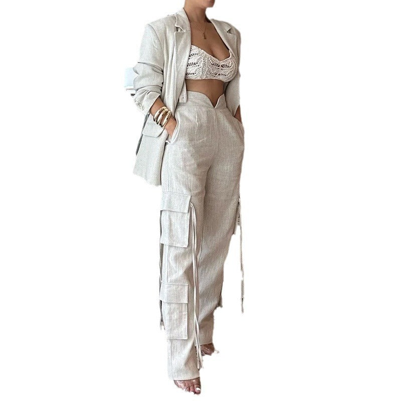 Fashionable two-piece apricot colored multi pocket suit trousers with loose straps