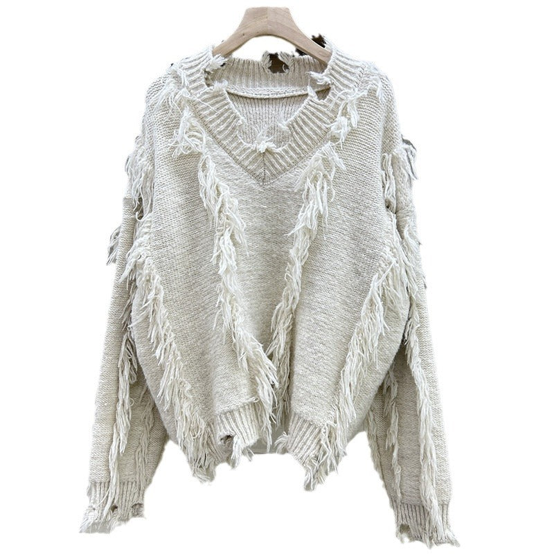 Loose and lazy V-neck sweater women's western-style Korean style tassel knit top