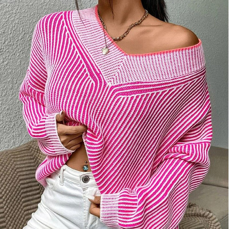 V-neck loose fitting slim bat sleeve sweater striped contrasting color pullover sweater top