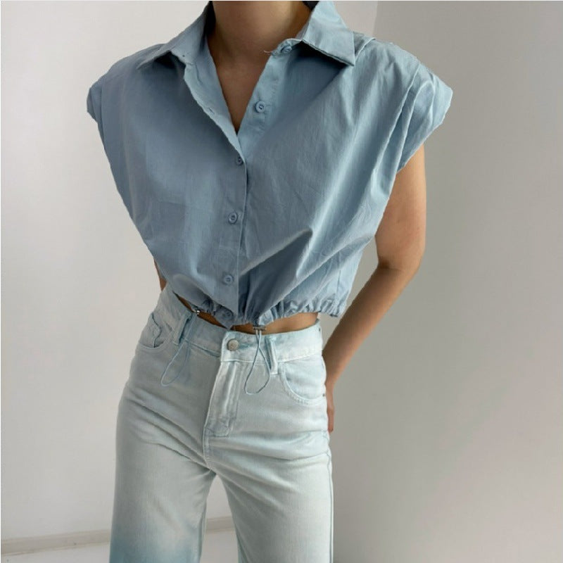 Sleeveless shoulder padded shirt with drawstring high waist short and stylish versatile shirt for women