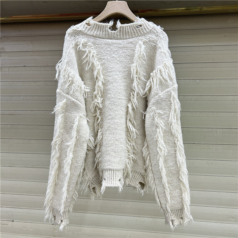 Loose and lazy V-neck sweater women's western-style Korean style tassel knit top