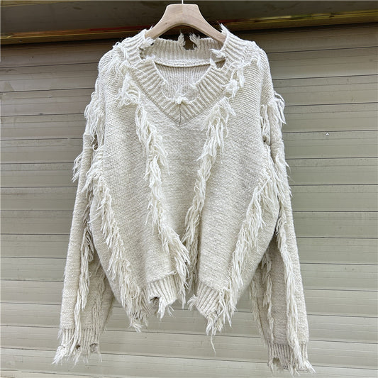 Loose and lazy V-neck sweater women's western-style Korean style tassel knit top