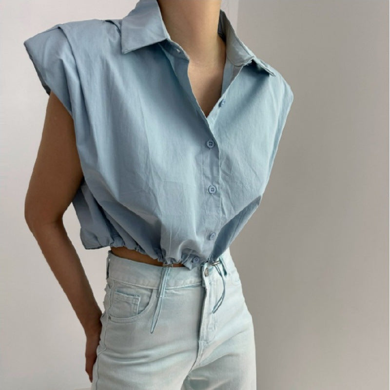 Sleeveless shoulder padded shirt with drawstring high waist short and stylish versatile shirt for women