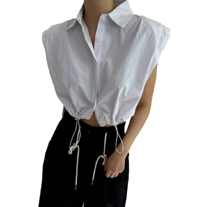 Sleeveless shoulder padded shirt with drawstring high waist short and stylish versatile shirt for women