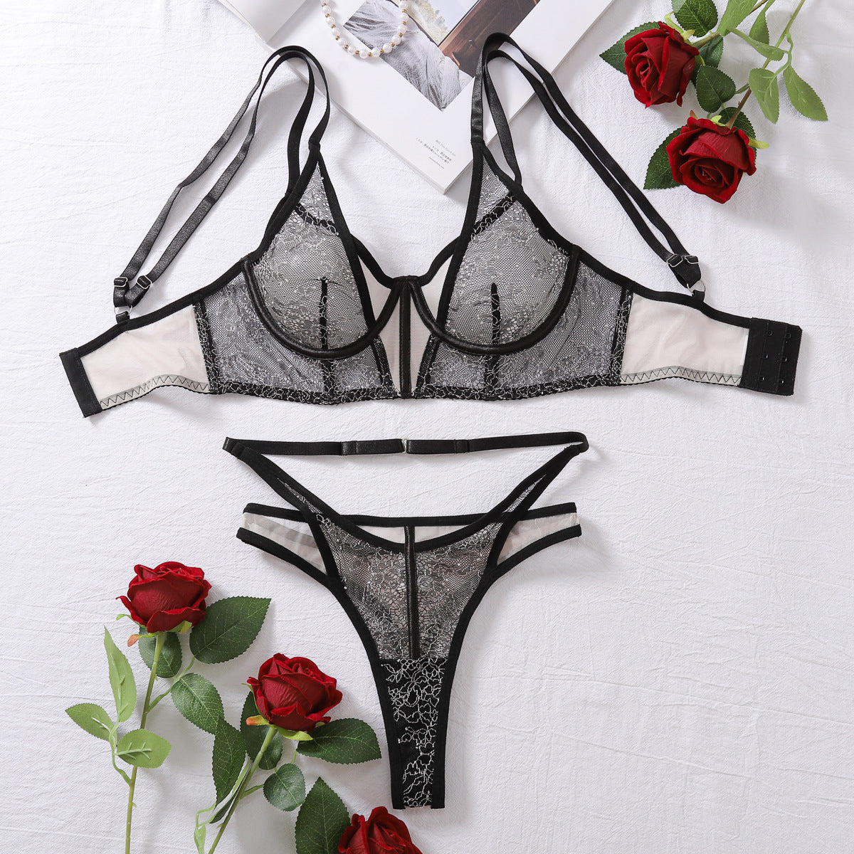 Embroidered Fun Set Mesh Perspective Splicing Sexy Gathering Underwear Two Piece Set