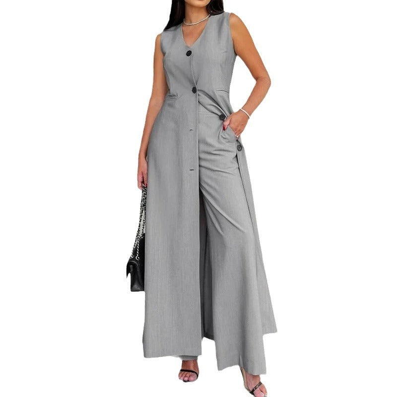 Solid color sleeveless long skirt top fashionable wide leg pants two-piece set