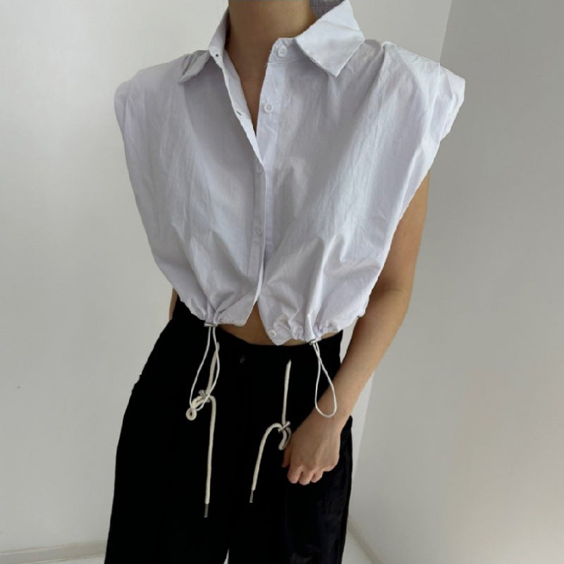 Sleeveless shoulder padded shirt with drawstring high waist short and stylish versatile shirt for women