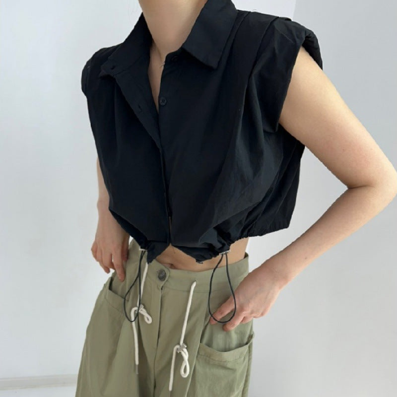 Sleeveless shoulder padded shirt with drawstring high waist short and stylish versatile shirt for women