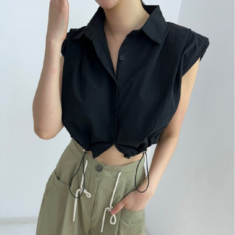 Sleeveless shoulder padded shirt with drawstring high waist short and stylish versatile shirt for women